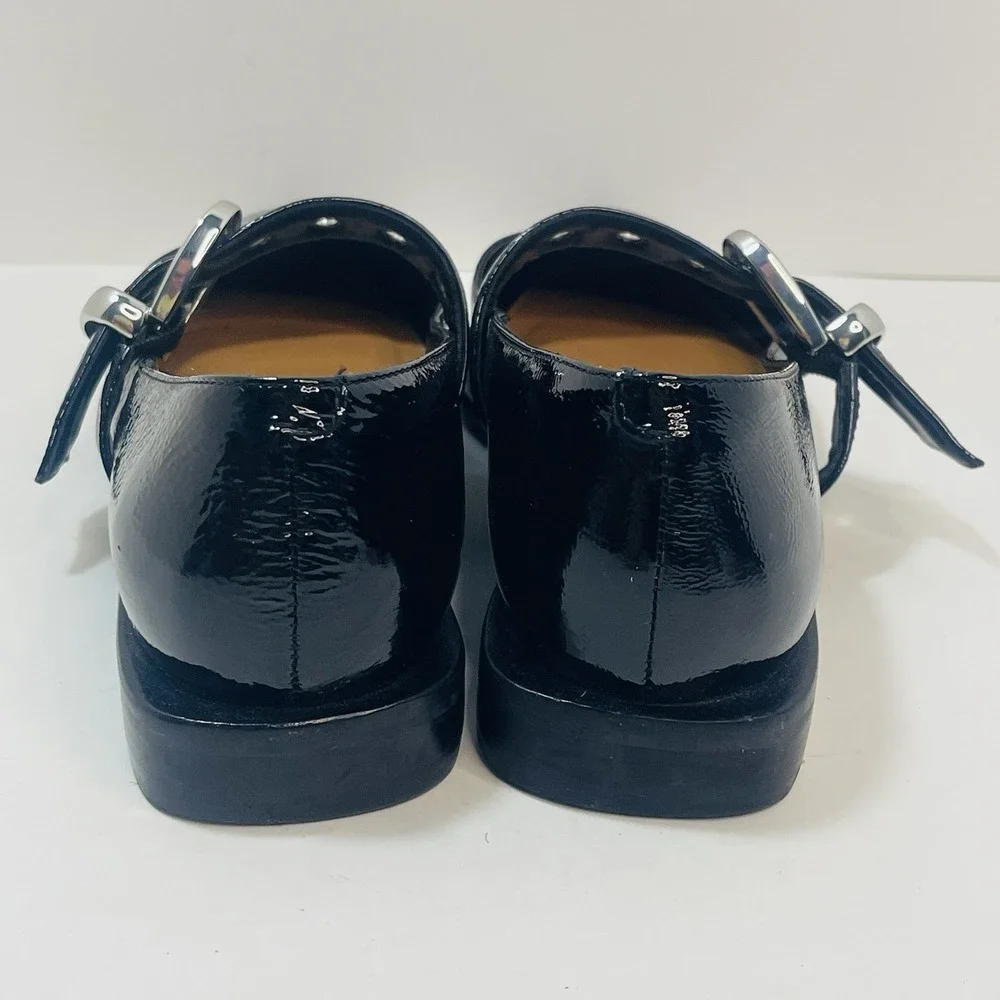 Maeve Pointed-Toe‎ Moto Mary Jane Flats Black Patent Leather – Size 40  US 9-9.5